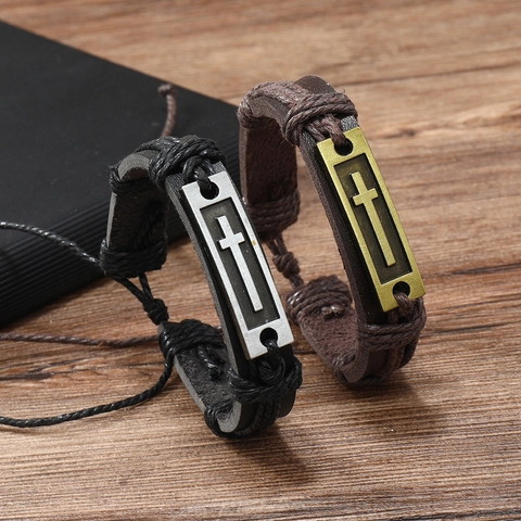 Men Retro Minimalist Handmade Woven Leather Bracelet Fashion Multi Layer Cross Pendant Adjustable Cord Bracelet Jewelry Gift