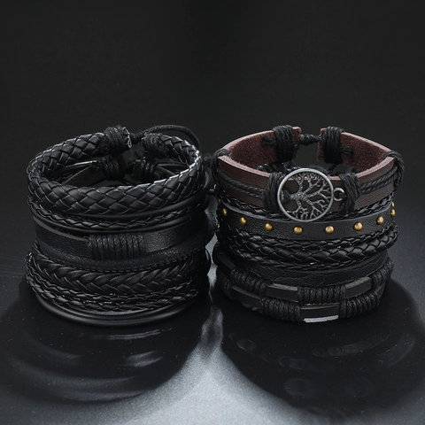 Ensemble de Bracelets en Cuir Tressé Arbre de Vie Vintage Tissé à la Main Punk Rivets Bracelet Ajustable pour Hommes Femmes Bijoux