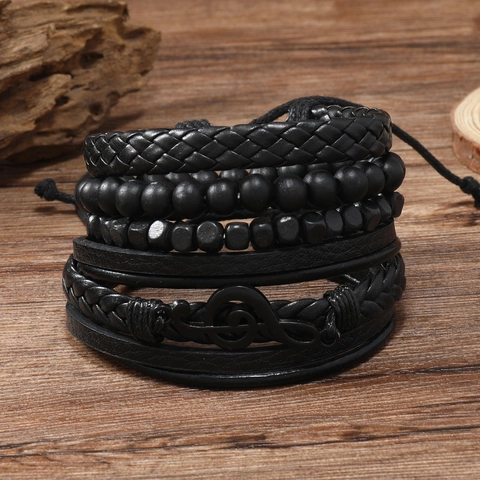 Bracciale in Pelle da Uomo Vintage Ciondolo Nota Musicale Chiave di Violino Intrecciato Multistrato con Perline Gioielli