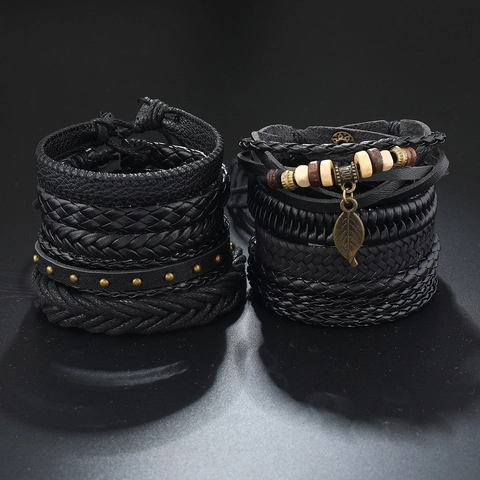 Vintage Herren Ledergewebtes Armband Blatt Anhänger Holzperlen Mehrlagiger Punk Reif Für Herren Damen Unisex Schmuck Geschenk