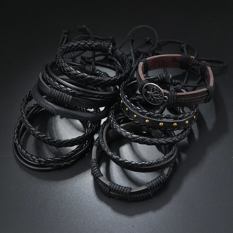 Ensemble de Bracelets en Cuir Tressé Arbre de Vie Vintage Tissé à la Main Punk Rivets Bracelet Ajustable pour Hommes Femmes Bijoux
