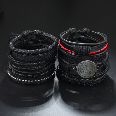 Vintage Heren Gevlochten Leren Armband Legering Kompas Multi Layer Verstelbare Polsband Handgeweven Sieraden Voor Mannen Unisex