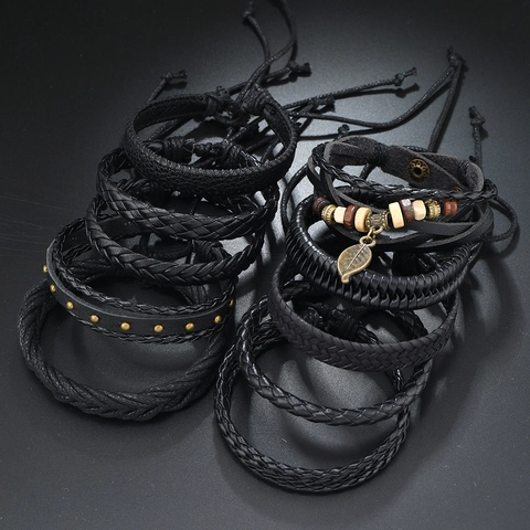 Vintage Herren Ledergewebtes Armband Blatt Anhänger Holzperlen Mehrlagiger Punk Reif Für Herren Damen Unisex Schmuck Geschenk