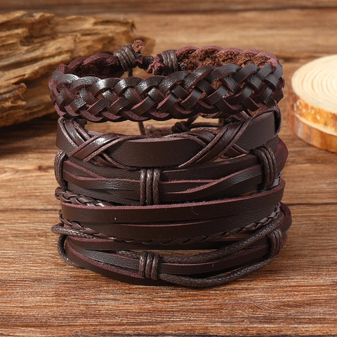 Vintage Handgewebte Leder Armband Kombination Für Herren Geflochten Mehrlagig Verstellbare Wachsschnur Braun Punk Armreif Schmuck