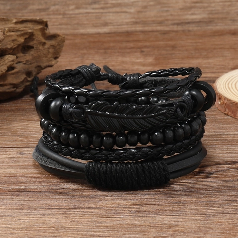 Braccialetti in Pelle Intrecciata da Uomo Vintage Ciondolo a Piuma in Lega Retro Punk Regolabile Cordino Multistrato Gioielli