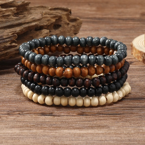 Herren Vintage Holz Perlen Armband Set Elastisch Handgefertigt Mehrfarbig Natur Stil Ethno Armband Schmuck