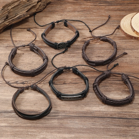 Vintage Men Leather Braided Bracelet Set Tree Of Life I Love Jesus Metal Plate Multilayer Brown Black Cord Wristband Jewelry