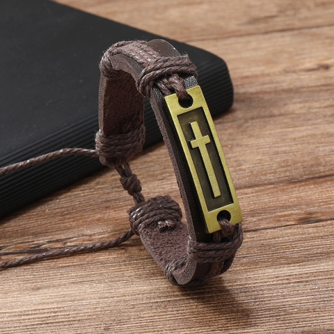 Men Retro Minimalist Handmade Woven Leather Bracelet Fashion Multi Layer Cross Pendant Adjustable Cord Bracelet Jewelry Gift
