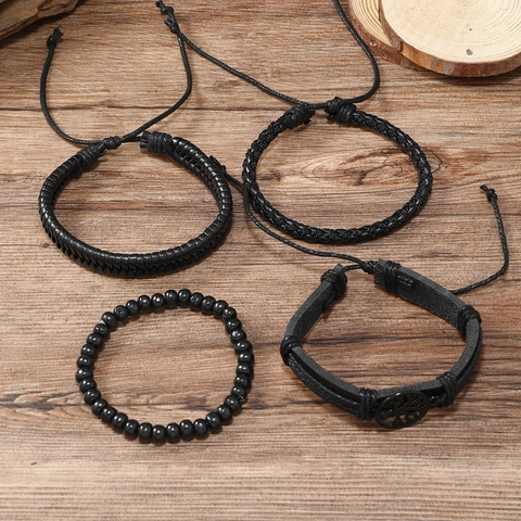 Set di Braccialetti in Pelle Multistrato Vintage per Uomo Albero della Vita Corda Intrecciata Perline in Legno Regolabile Punk Gioielli