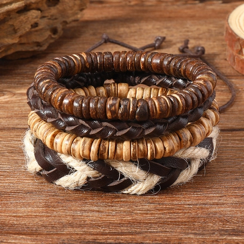 Bracciale in Pelle Intrecciata Stile Etnico Retrò Per Uomo Donna Perline In Legno Di Cocco Corda Di Canapa Gioielli Intrecciati