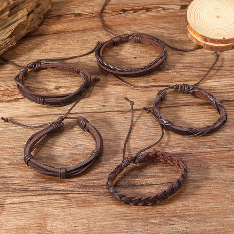 Vintage Handgewebte Leder Armband Kombination Für Herren Geflochten Mehrlagig Verstellbare Wachsschnur Braun Punk Armreif Schmuck