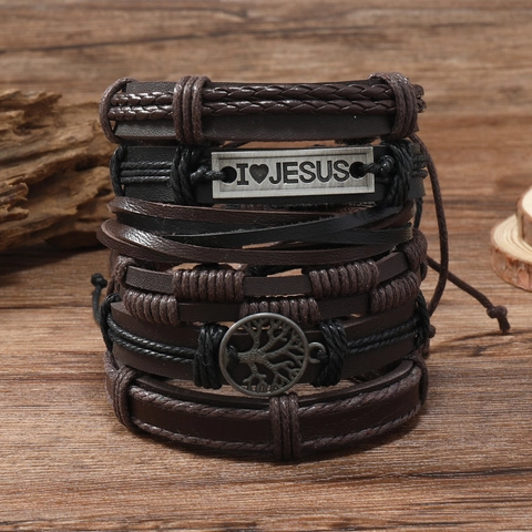 Vintage Men Leather Braided Bracelet Set Tree Of Life I Love Jesus Metal Plate Multilayer Brown Black Cord Wristband Jewelry