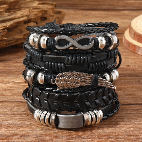 Men's Vintage Angel Wings Leather Braided Bracelet Set Multilayer Leather Wrap Bracelets Infinity Charm Bohemian Jewelry Set