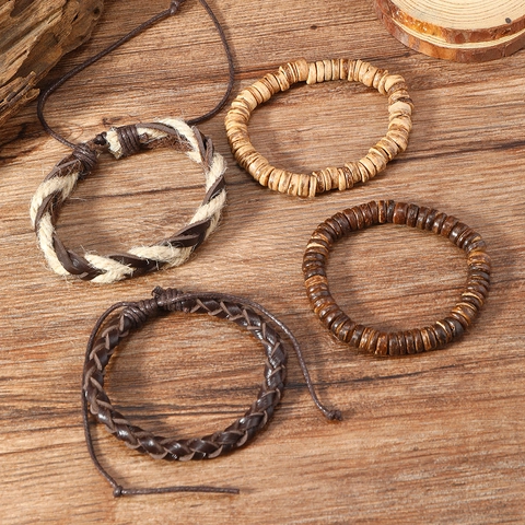 Bracciale in Pelle Intrecciata Stile Etnico Retrò Per Uomo Donna Perline In Legno Di Cocco Corda Di Canapa Gioielli Intrecciati