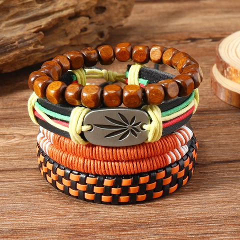 Vintage Herren Geflochtenes Leder Armband Set Mit Holzperlen Legierung Blatt Anhänger Bohemian Ethnic Style Mehrlagiger Schmuck