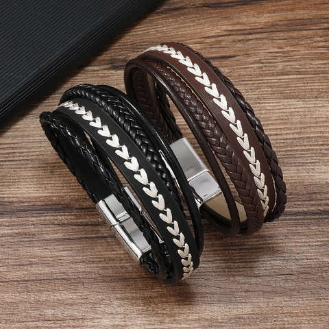 Bracciale da Uomo Vintage Multistrato in Pelle Intrecciata Con Chiusura Magnetica in Lega Motivo a Grana di Frumento Gioielli Retro Fatti a Mano