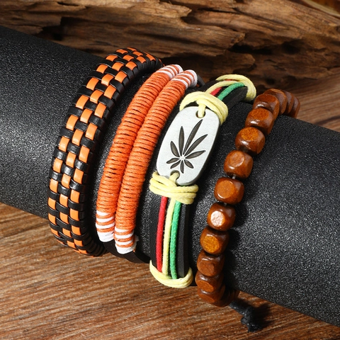 Vintage Herren Geflochtenes Leder Armband Set Mit Holzperlen Legierung Blatt Anhänger Bohemian Ethnic Style Mehrlagiger Schmuck