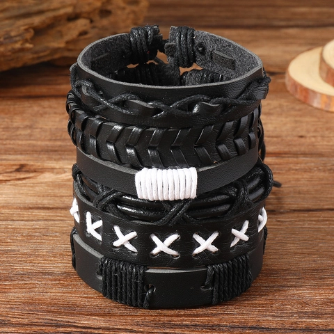 Set di Bracciali in Pelle Intrecciata Multistrato da Uomo Punk Vintage Nero Regolabile Fatto a Mano in Cordino Cerato Gioielli