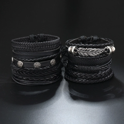 Set di Braccialetti Vintage in Pelle con Piume e Stelle Uomo Intrecciato a Mano Multistrato Punk Regolabile Nero Gioielli