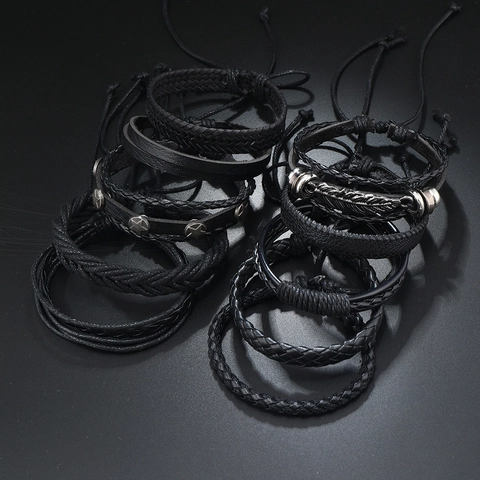 Set di Braccialetti Vintage in Pelle con Piume e Stelle Uomo Intrecciato a Mano Multistrato Punk Regolabile Nero Gioielli