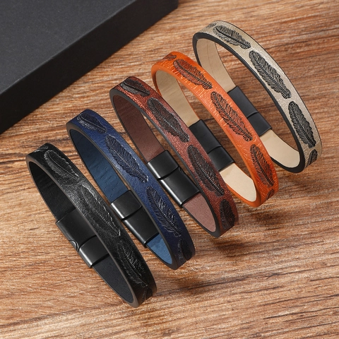 Vintage Lederarmband Mit Federmuster Für Herren Damen Mit Legierung Magnetverschluss Retro Unisex Armband Schmuckzubehör