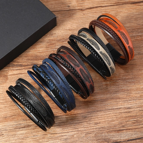 Men Vintage Multilayer Leather Bracelet Hand Woven Feather Pattern Magnetic Clasp Ethnic Retro Wristband Jewelry Accessory