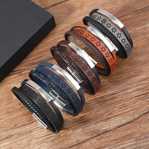 Pulsera de Cuero de Varias Capas Vintage para Hombres Mujeres Hexagrama Estrella de David Pulsera Trenzada Con Cierre Magnético Joyería Étnica