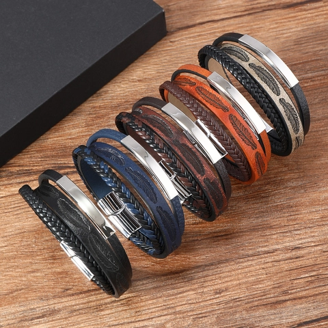Pulsera de Cuero Multicapa Vintage para Hombre Cordón Tejido a Mano Patrón de Pluma con Cierre Magnético Joyería Étnica Boho