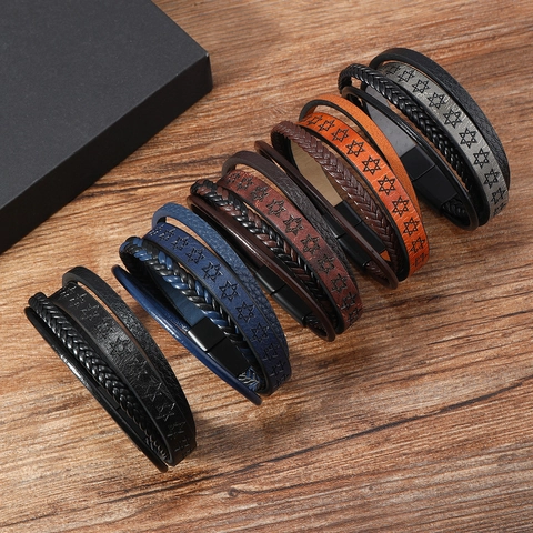 Vintage Men Multilayer Leather Bracelet Alloy Magnetic Clasp Star Of David Hand-Woven Hexagram Punk Style Men Jewelry
