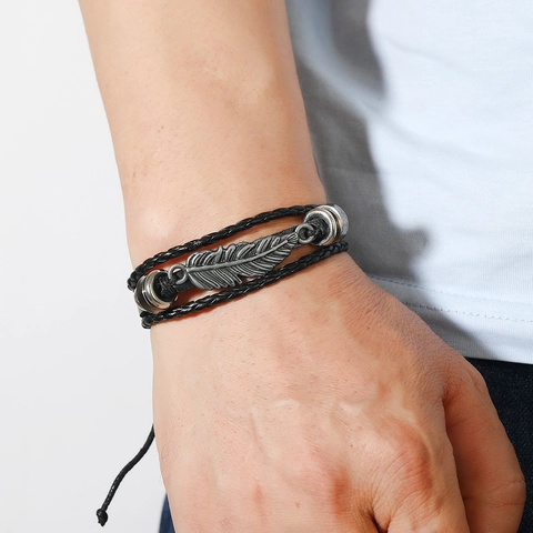 Handmade Multi-Layer Braided Leather Bracelet For Men Retro Punk Alloy Charm Skull Tree Anchor Infinity Compass Leaf Adjustable Wristband Jewelry