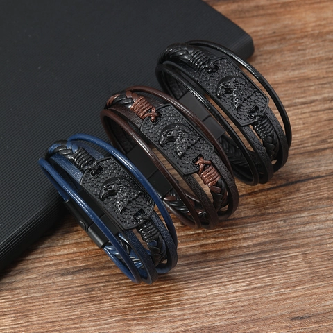 Vintage Men Eagle Head Braided Leather Bracelet Multi Layer Punk Alloy Magnetic Buckle Wristband Accessory Jewelry Gift