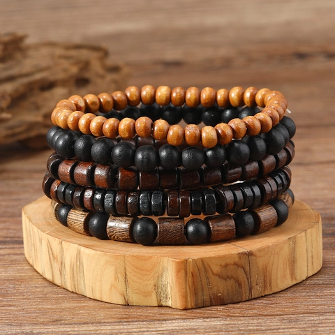 Retro Wood Bead Braided Bracelet For Men Handmade Ethnic Beaded Jewelry Elastic Layered Wrap Accessory Daily Wear Fashion Gift