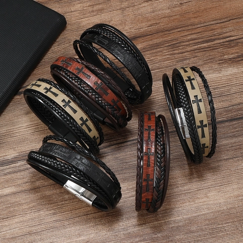 Bracciale in Pelle Intrecciata Multistrato Vintage con Croce per Uomo Bracciale in Stile Punk Retrò Gioielli Religiosi con Fibbia Magnetica