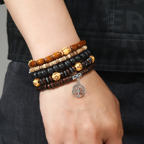 Set di Braccialetti con Perline di Legno dell'Albero della Vita Retro per Uomo Donna Bohemién Multistrato in Guscio di Cocco Gioielli Elastici