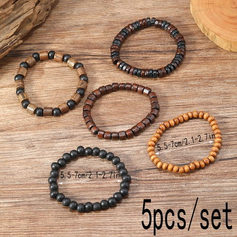 Retro Wood Bead Braided Bracelet For Men Handmade Ethnic Beaded Jewelry Elastic Layered Wrap Accessory Daily Wear Fashion Gift