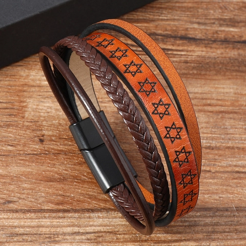 Vintage Men Multilayer Leather Bracelet Alloy Magnetic Clasp Star Of David Hand-Woven Hexagram Punk Style Men Jewelry