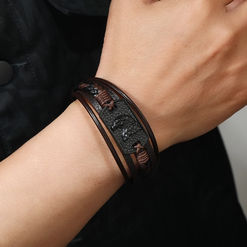Vintage Men Eagle Head Braided Leather Bracelet Multi Layer Punk Alloy Magnetic Buckle Wristband Accessory Jewelry Gift