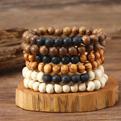 Men Vintage Lava Stone Wood Bead Bracelet Set Multilayer Beaded Elastic Hand String Bohemian Jewelry Gift