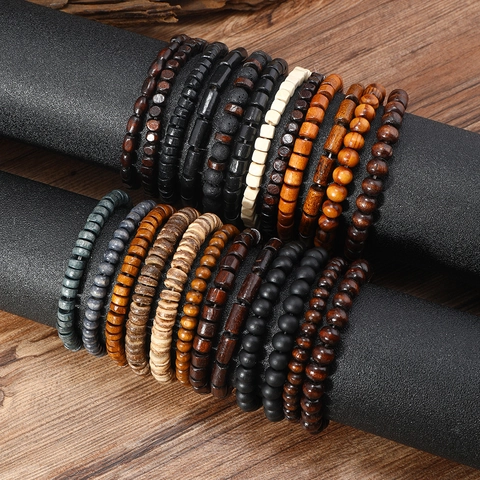 Vintage Wood Coconut Shell Volcanic Stone Beaded Bracelet For Men Handmade Retro Elastic Strand Bohemian Jewelry