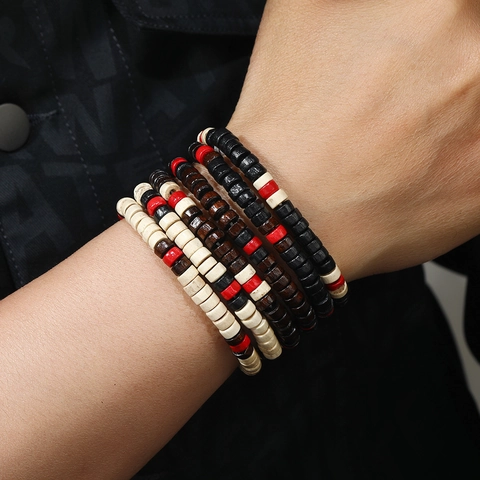 Gioielli Intrecciati con Perline di Legno Misto Moda Uomo Fatti a Mano Vintage Etnico Multistrato Avvolgere Accessorio