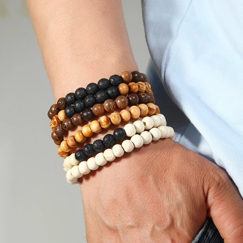 Men Vintage Lava Stone Wood Bead Bracelet Set Multilayer Beaded Elastic Hand String Bohemian Jewelry Gift