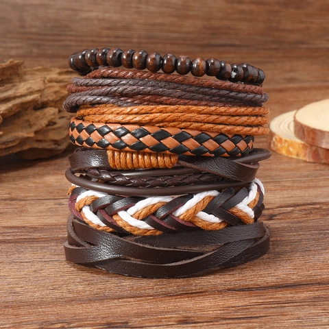 Men Retro Multi-layer Leather Braided Bracelet Bohemian Punk Adjustable Handcrafted Wood Beads Jewelry Brown Wrap Hand Strap
