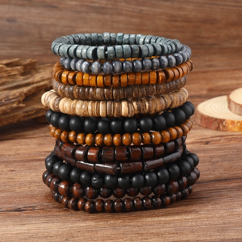 Vintage Wood Coconut Shell Volcanic Stone Beaded Bracelet For Men Handmade Retro Elastic Strand Bohemian Jewelry