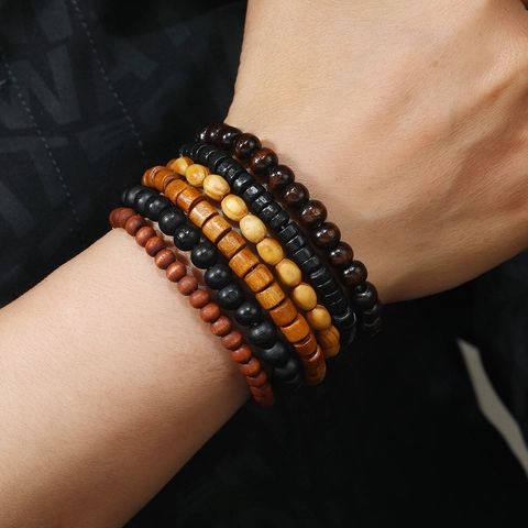 6Pcs Vintage Wood Beaded Bracelet Set For Men Retro Ethnic Style Handmade Elastic Stackable Bracelet Men Jewelry