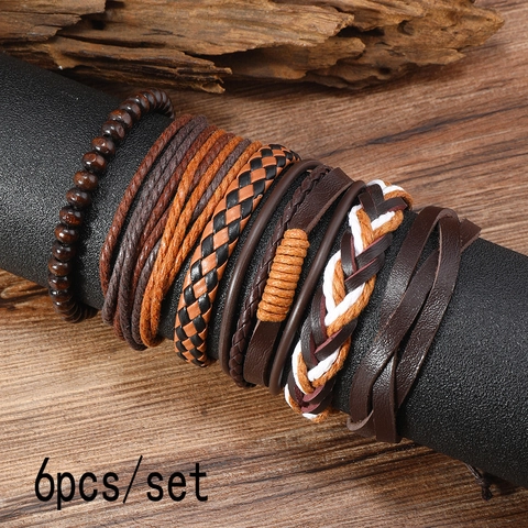 Men Retro Multi-layer Leather Braided Bracelet Bohemian Punk Adjustable Handcrafted Wood Beads Jewelry Brown Wrap Hand Strap
