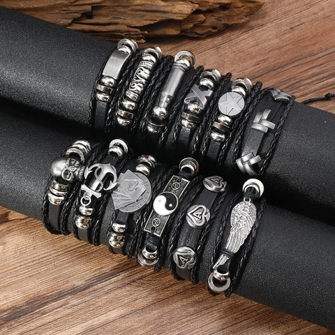 Men's Punk Retro Multi-layer Braided Leather Bracelet Alloy Skull Anchor Wings Charms Wrap Bracelets Jewelry Gift
