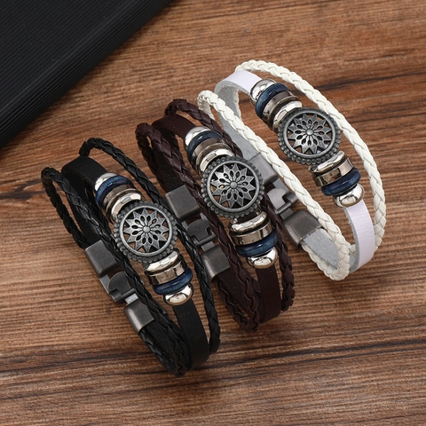 Bracciale in Pelle Intrecciata Multistrato Vintage per Uomo Ciondolo a Girasole in Lega Punk Polsino Avvolgente Gioielli