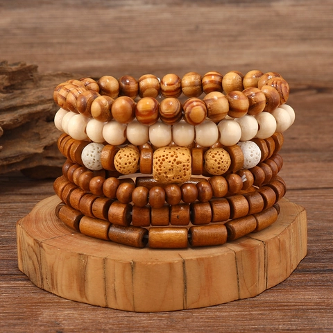 Retro Bohemian Multilayer Wood Beaded Bracelet For Men Handmade Elastic Natural Wood Beads Jewelry Brown Mixed Colors