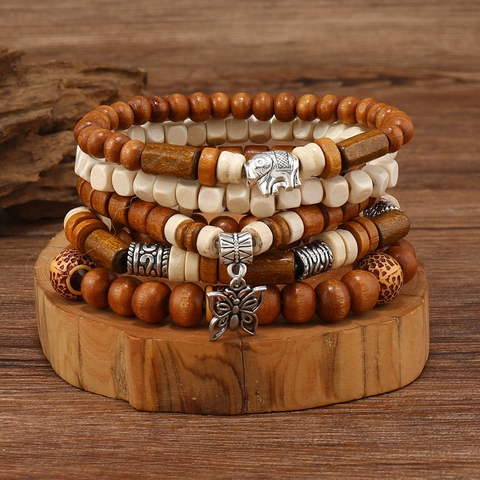 Vintage Bohemian Wood Beaded Bracelet Alloy Elephant Butterfly Charms Retro Ethnic Multi Layer Jewelry Men Women