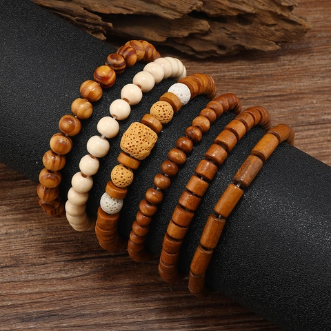 Retro Bohemian Multilayer Wood Beaded Bracelet For Men Handmade Elastic Natural Wood Beads Jewelry Brown Mixed Colors